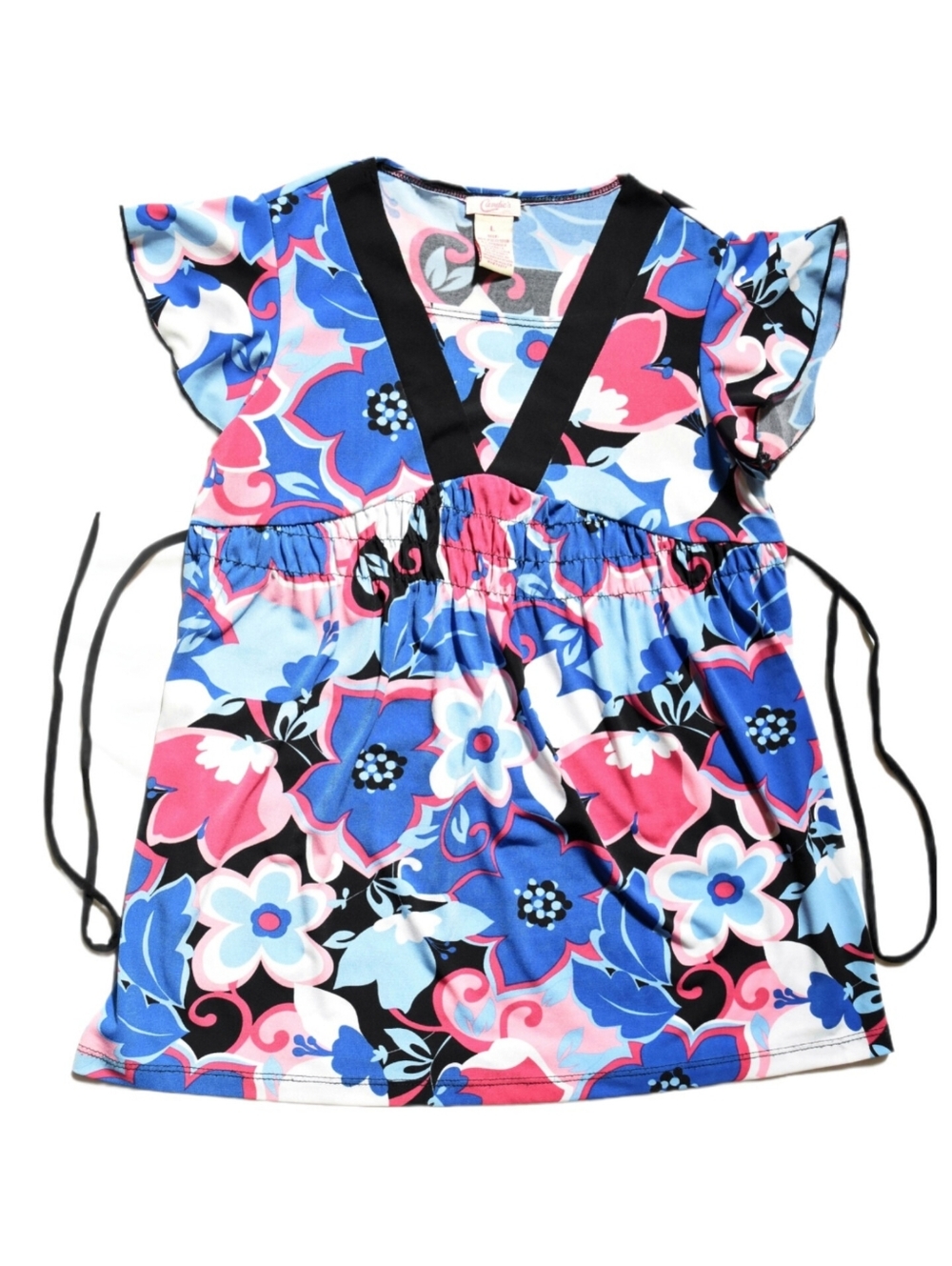Girls Floral Tie Elastic Waist V Neck Modest Tunic Blouse